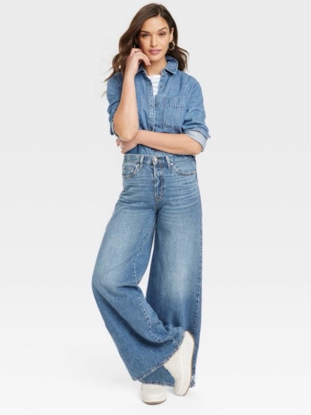 NWT Super Wide Leg Mid-Rise Blue Denim Jeans 100% Cotton No Stretch Button Fly